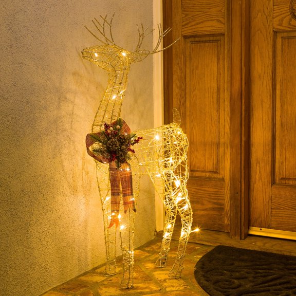Alpine Corporation 15" x 6" x 36" Gold Wire Reindeer Holiday Decoration with LED Lights