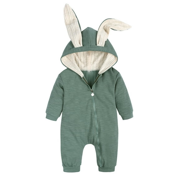 WOYY Newborn Boys Jumpsuit Solid Zipper Rabbit Ear Hooded Romper Cute Long Sleeve Onesie