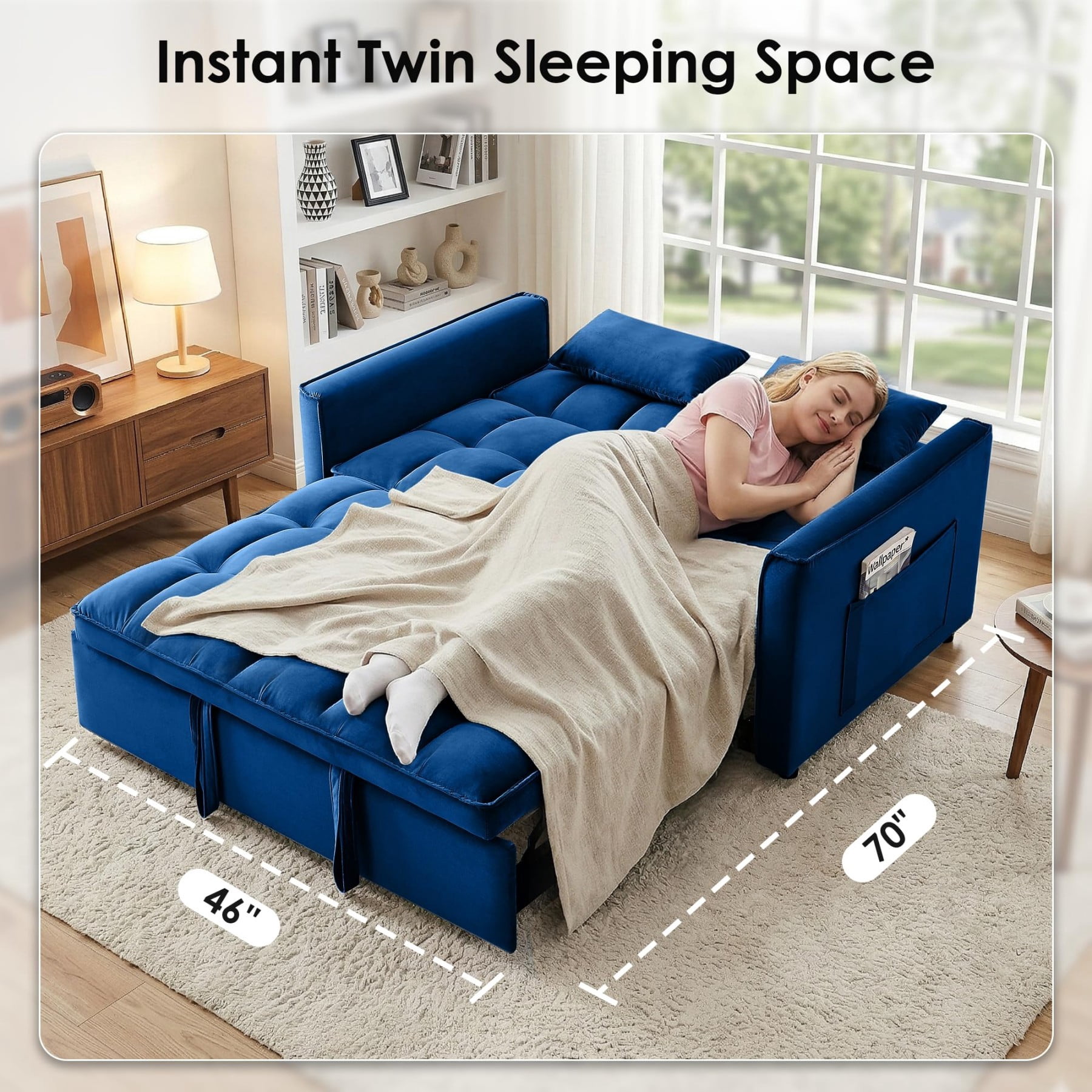 54" 3 in 1 Convertible Velvet Sofa Bed, 3 Position Foldable Sleeper Couch with Adjustable Backrest & Pillows, Dark Blue