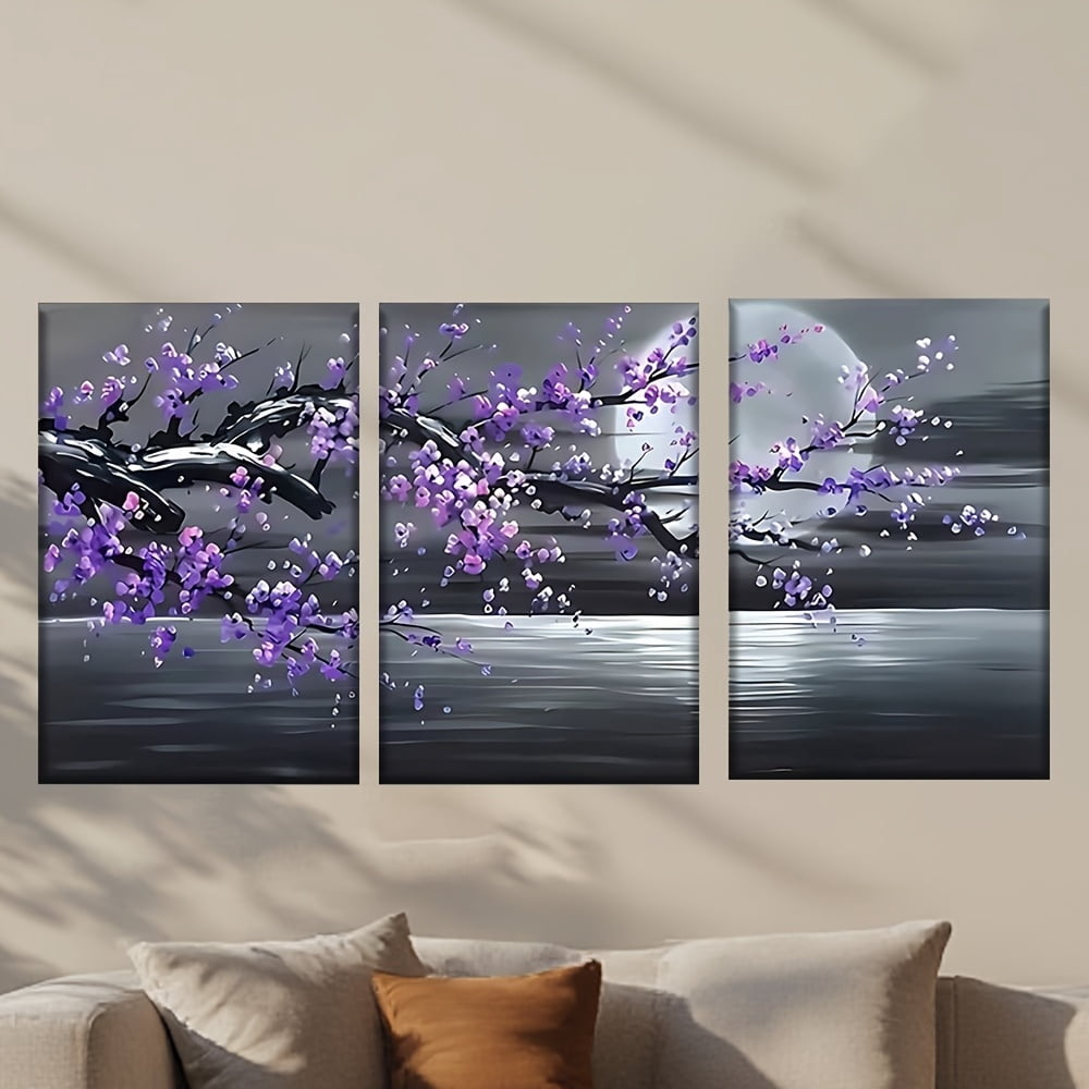 3pcs/set, Canvas Painting--Unframed, a Painting of a Tree with Purple Flowers, Abstract Art, Perfect Birthday,