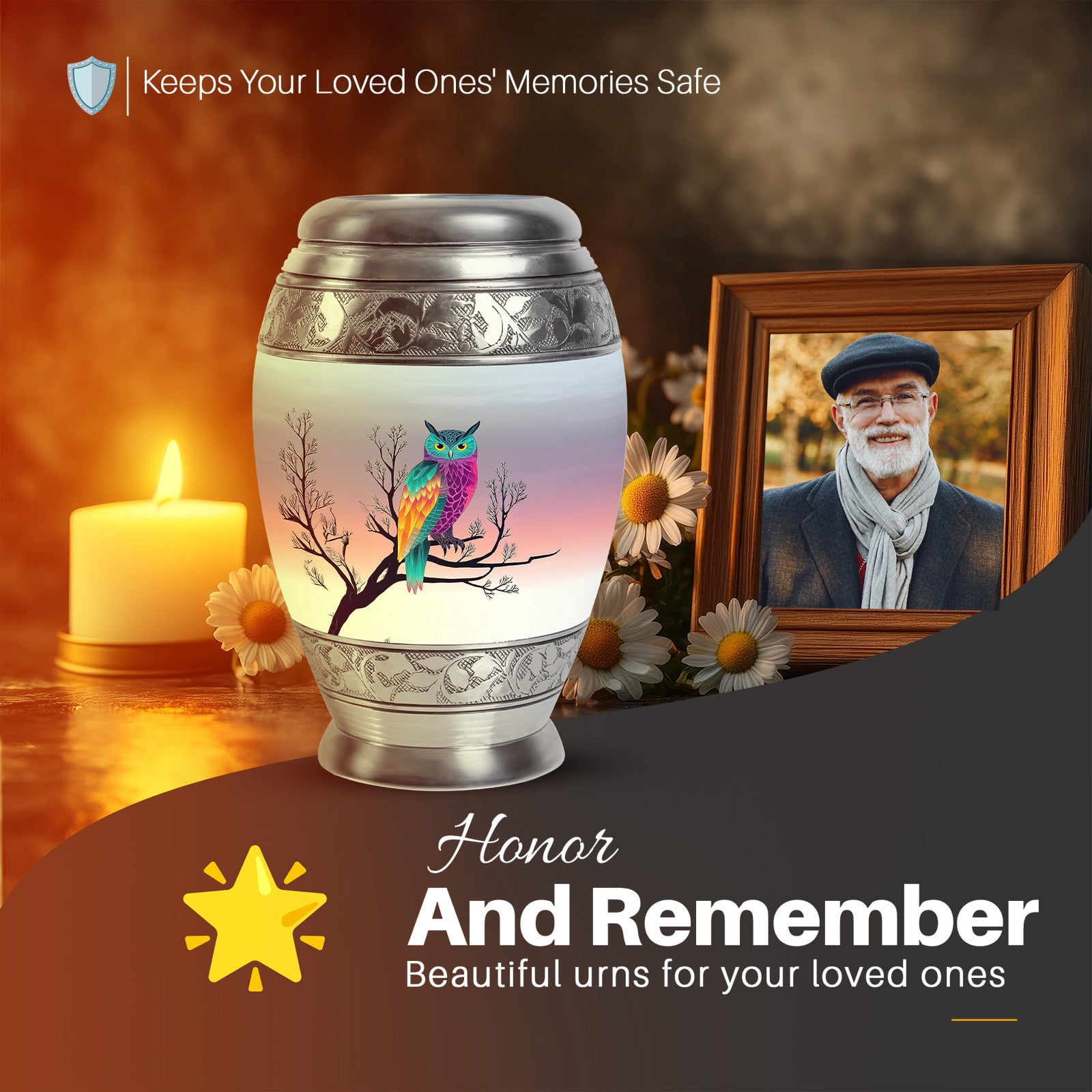 Yatskia Colorful Owl Large Cremation Urns for Human Ashes Adult Mother and Father, Burial Urn for Ashes Adult, (Monar Large, 10 Inch)