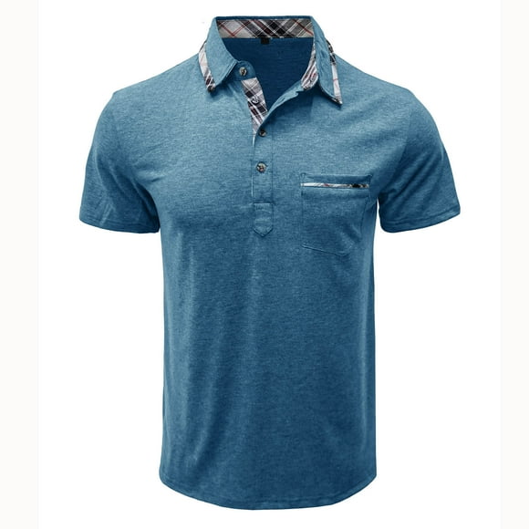 JURANMO Men's Polo Shirts Patchwork Collar Short Sleeve T-shirt Summer Business Casual Tee Tops with Pocket Today's Deals Blue XL