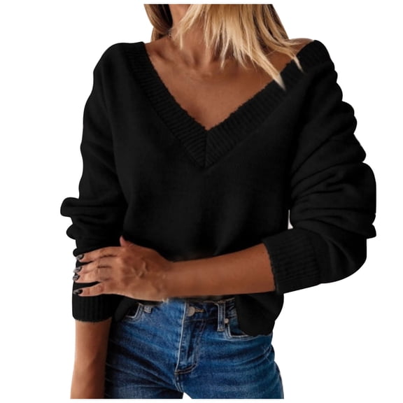 Fesfesfes Women Sweaters Solid Color Long Sleeve Pullove V-Neck Sweater Tops Plus Size $10