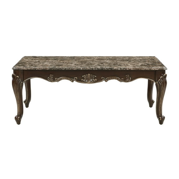 Newboti Furniture Formal Traditional Luxury 1pc Marble Top Cocktail Table Cherry Finish with Gold Tipping Living Room Furniture 76167