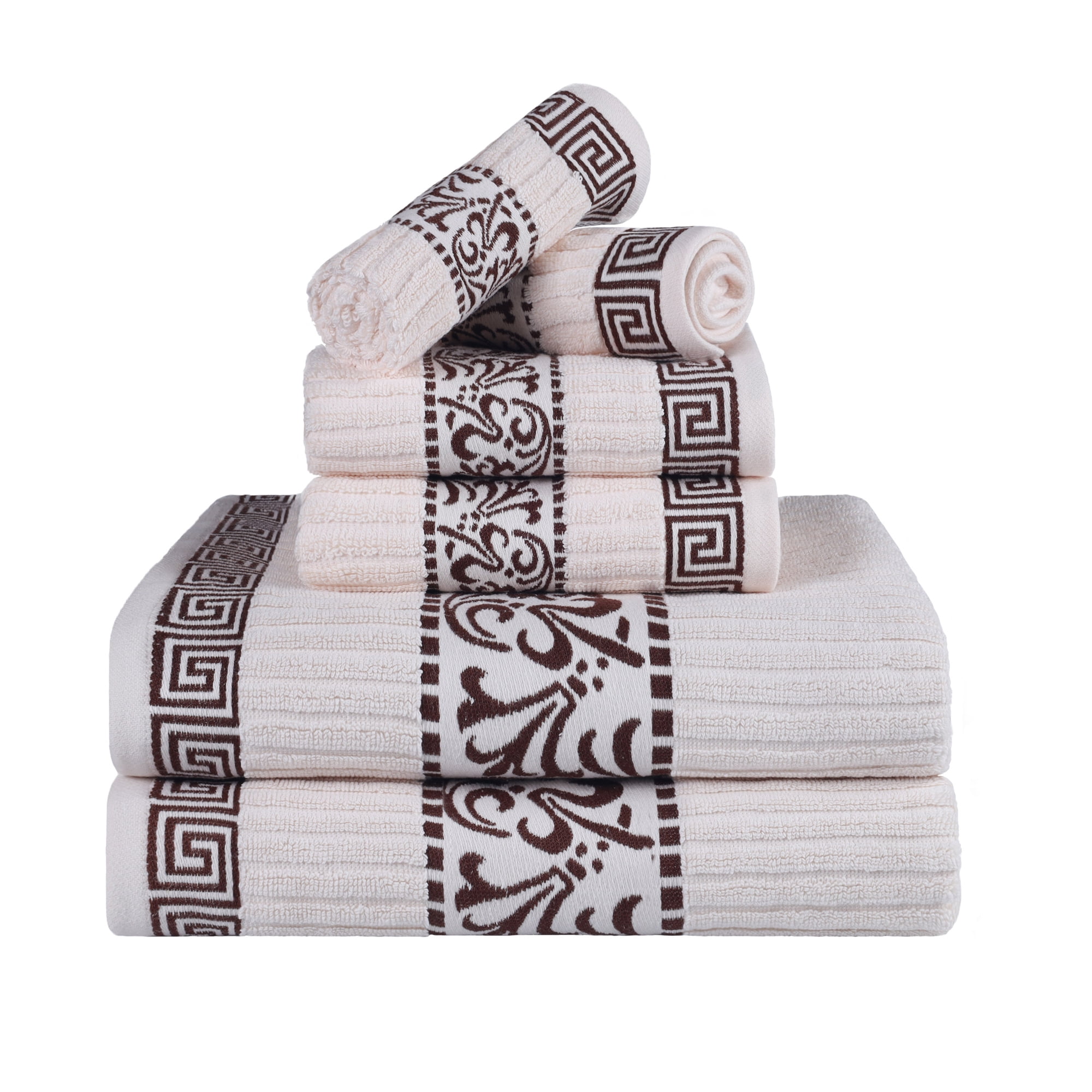 BNM Cotton Greek Scroll 6 Piece Towel Set, Ivory/Chocolate
