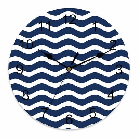Wall Clock 10 Inch Geometric Nautical Striped Pattern Round Silent Decorative Wall Clocks Battery Operated for Living Room Bedroom Kitchen Classroom Decor, Navy Blue White Wave Pattern,Small