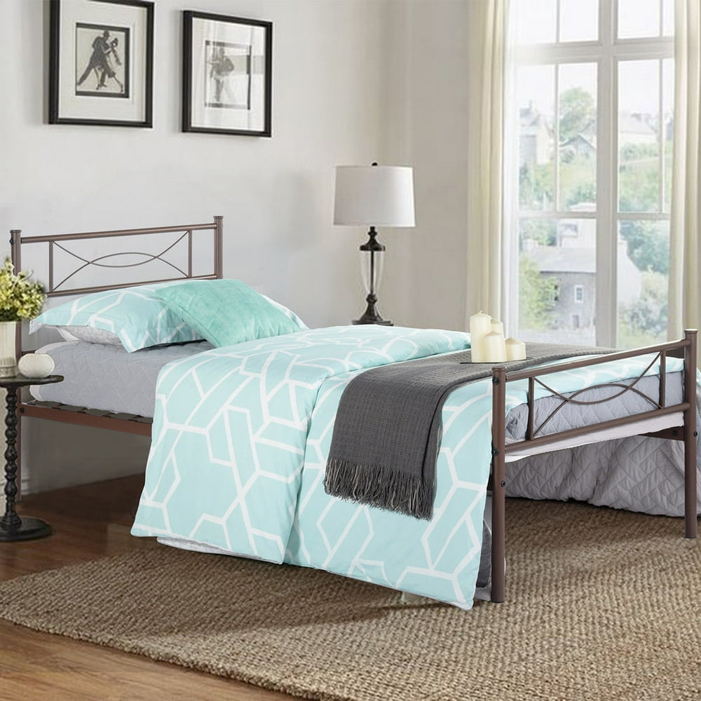 Easy Setup Premium Metal Bed Frame Platform Box Spring with Headboard