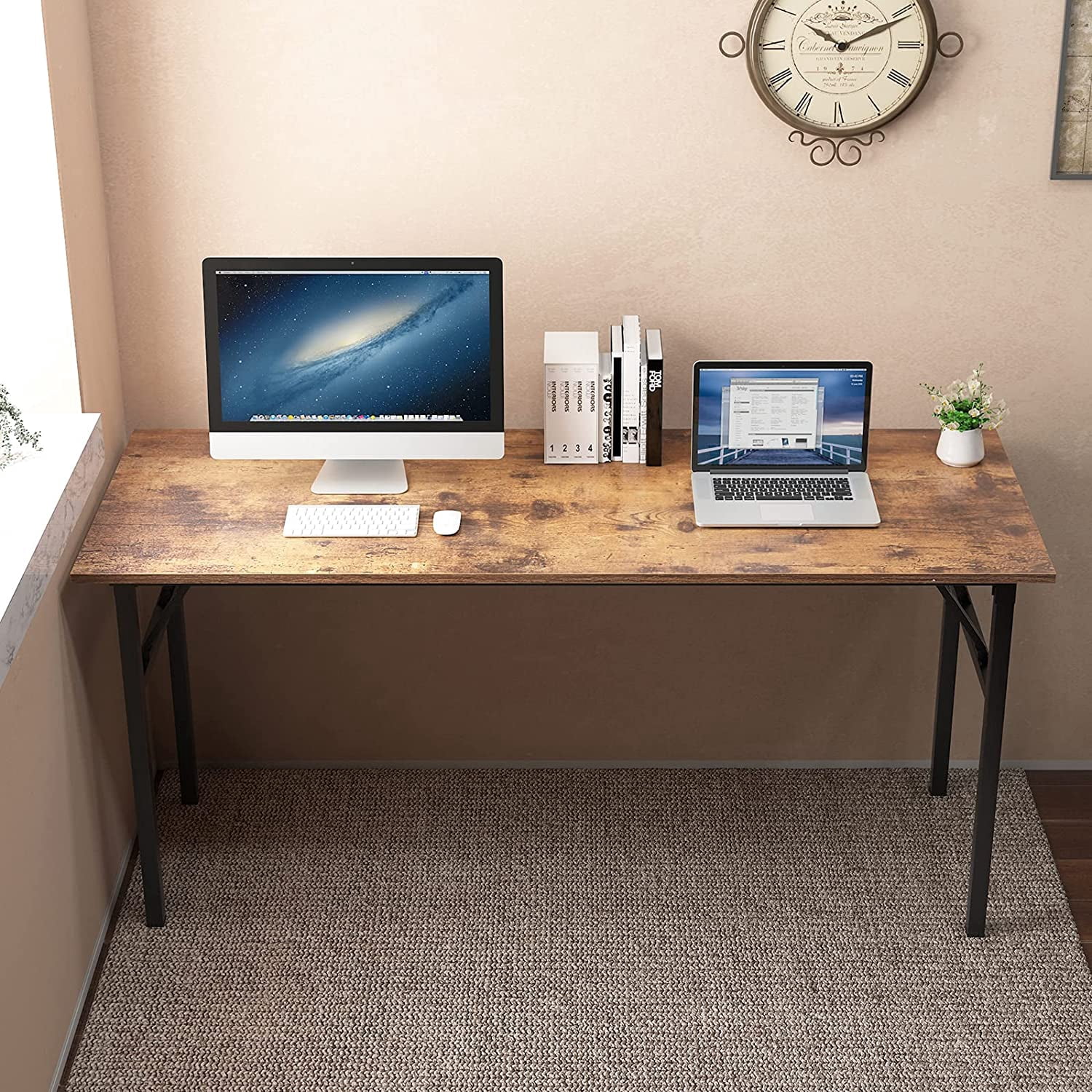 SOGES 62 inches Folding Table Computer Table Workstation No Install Needed, Rustic Brown