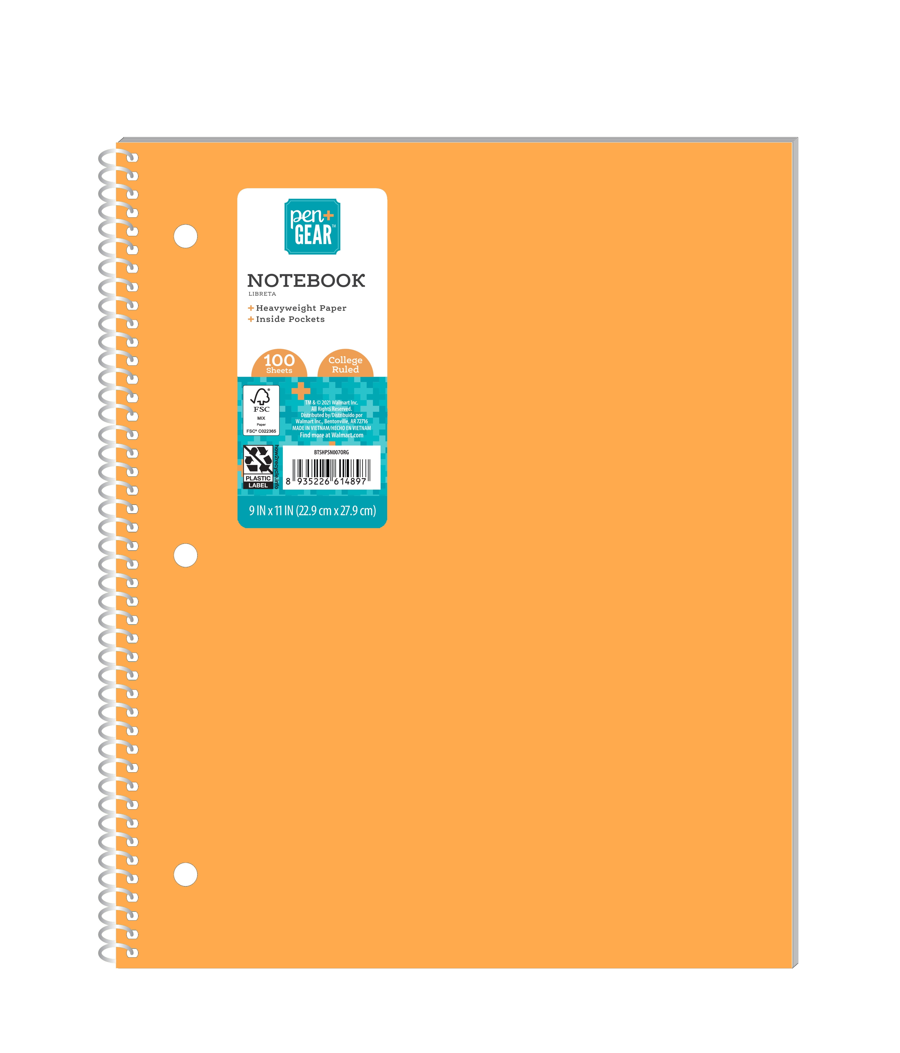 Pen+Gear Poly 1-Subject Notebook, College Ruled, 100 Heavyweight Sheets , Inside Pockets, Orange