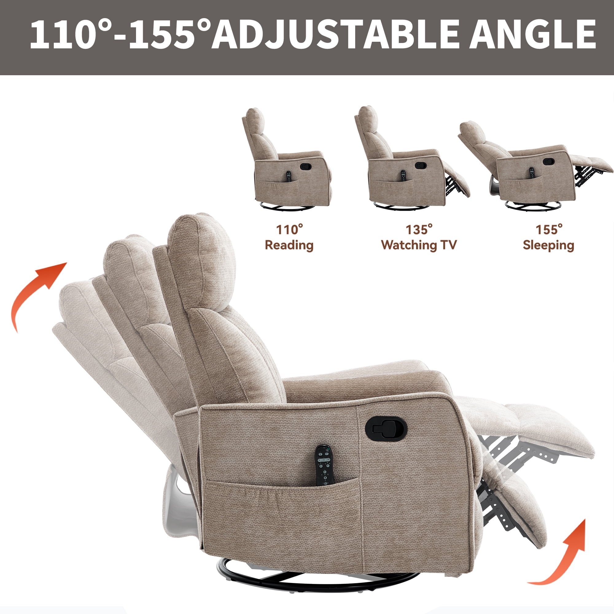 Leumius Manual Swivel Rocker Recliner Chair for Adults,Overstuffed Reclining Glider Chair with Vibration Massage & Heat,Upholstered Recliners with Side Pockets for Living Room,Khaki Chenille