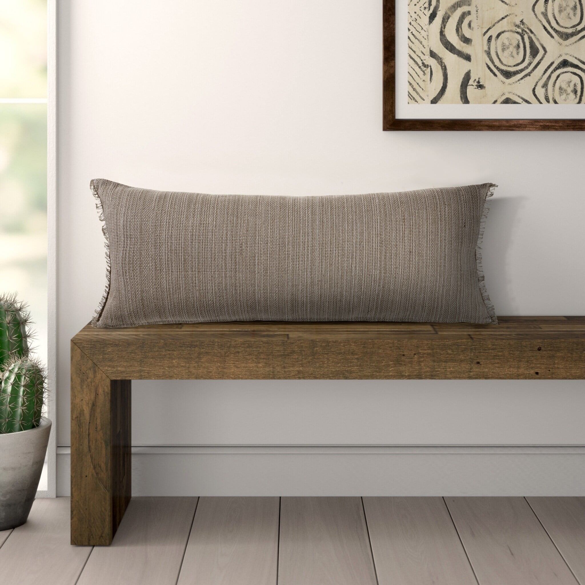 LR Home Bennett 14" x 36" Tan Fringed Linen Blend Adult Decorative Lumbar Throw Pillow