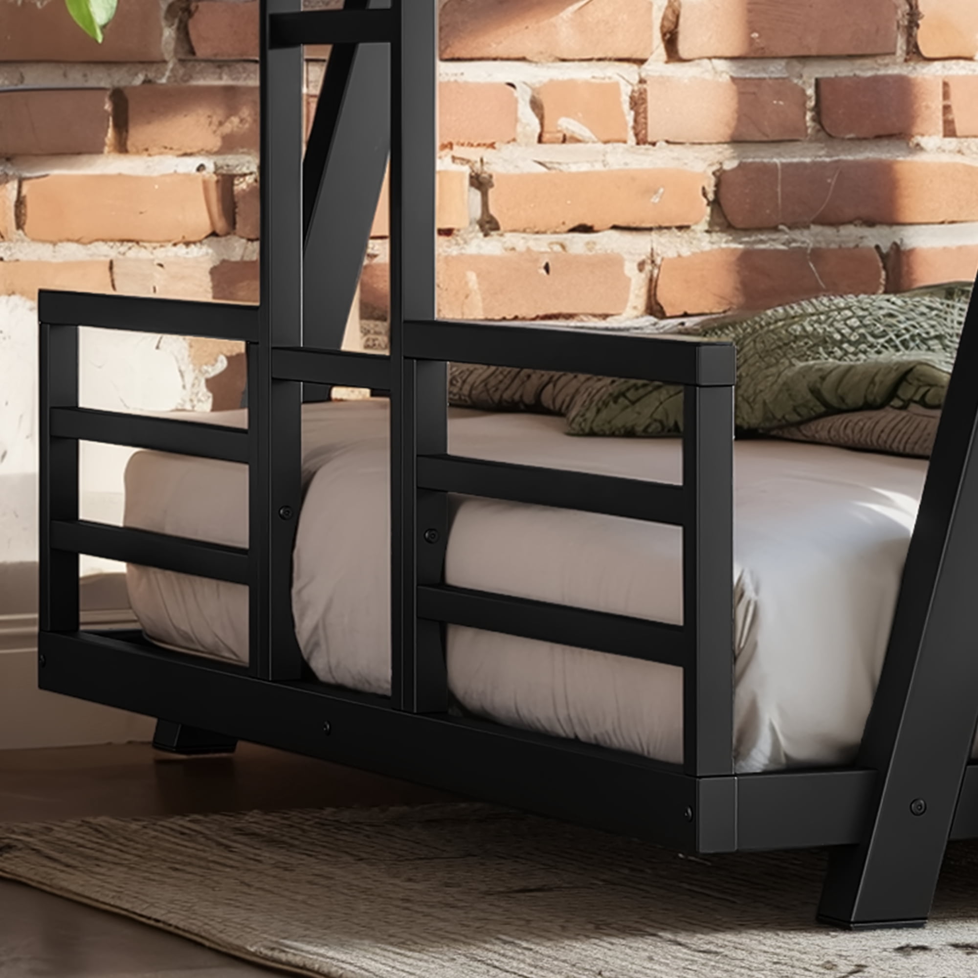 Leumius Queen over Queen Bunk Bed Frame with 2 Side Ladders, Metal Bunk Bed with Spdcial Support Leg Design and LED Light, Low Profile Bunk Bed for Teens Adults Black