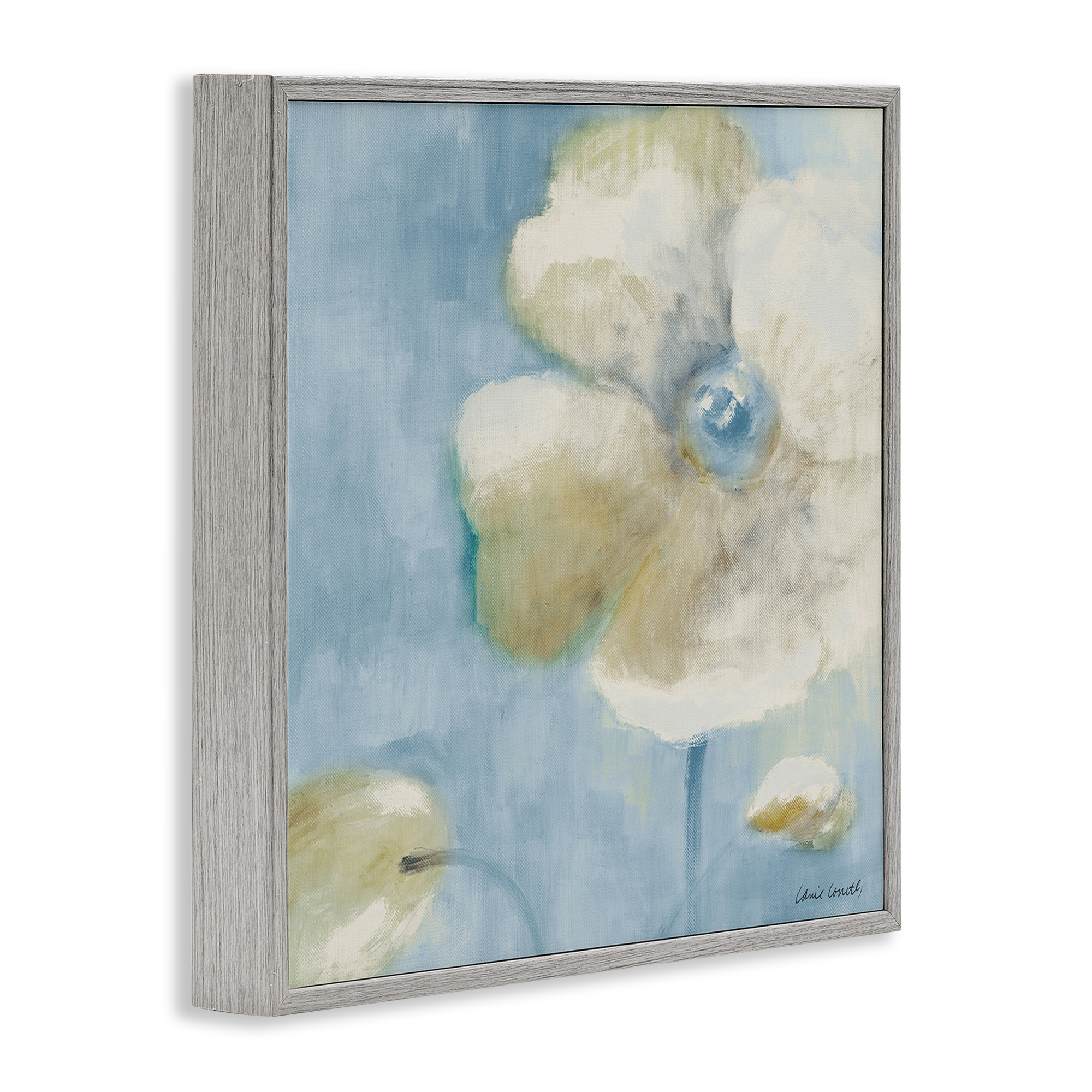 Stupell Industries White Blossom on Blue Botanical & Floral Painting Gray Framed Art Print Wall Art, 12 x 12