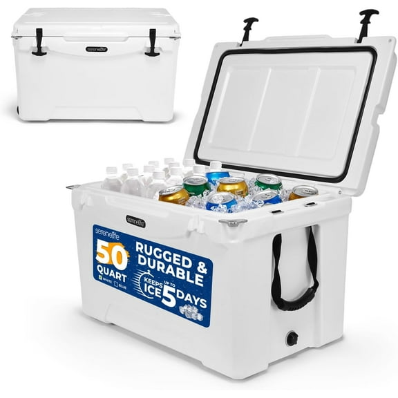 SereneLife Ultra-Tough 50 Quart Rotomolded Cooler Box, Holds Upto 64 Cans, Keeps Ice Up to 5 Days, Heavy-Duty Insulated Portable Ice Chest Box, Ideal for Camping, Beach, and Outdoor Adventures