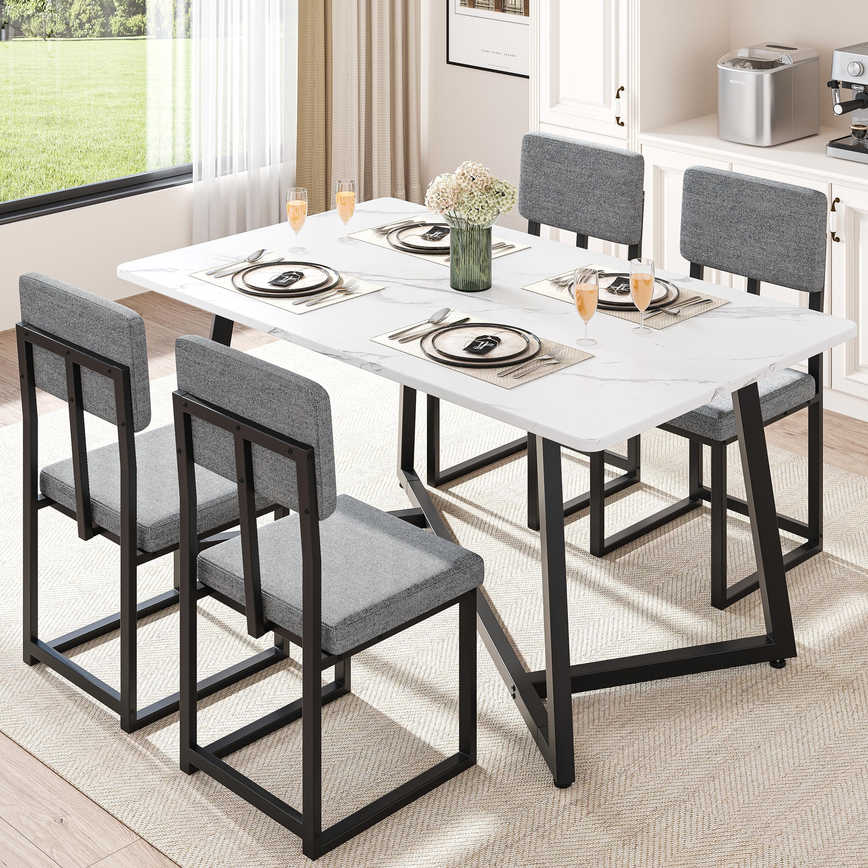 PAPROOS Dining Table Set for 4, 5 Piece Dining Room Table Set with Faux Marble Top and Fabric Upholstery Chairs, Modern Dinette Sets for Breakfast Nook, Kitchen Table and Chairs Set, White&Gray