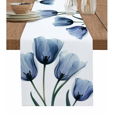 

Blue Spring Floral Table Runner Tulip Blooming Summer Botanical Tablerunners 13 x 48 Inch Table Decorations Tabletop Scarf for Summer Gathering Holiday Farmhouse Kitchen Dining Decor