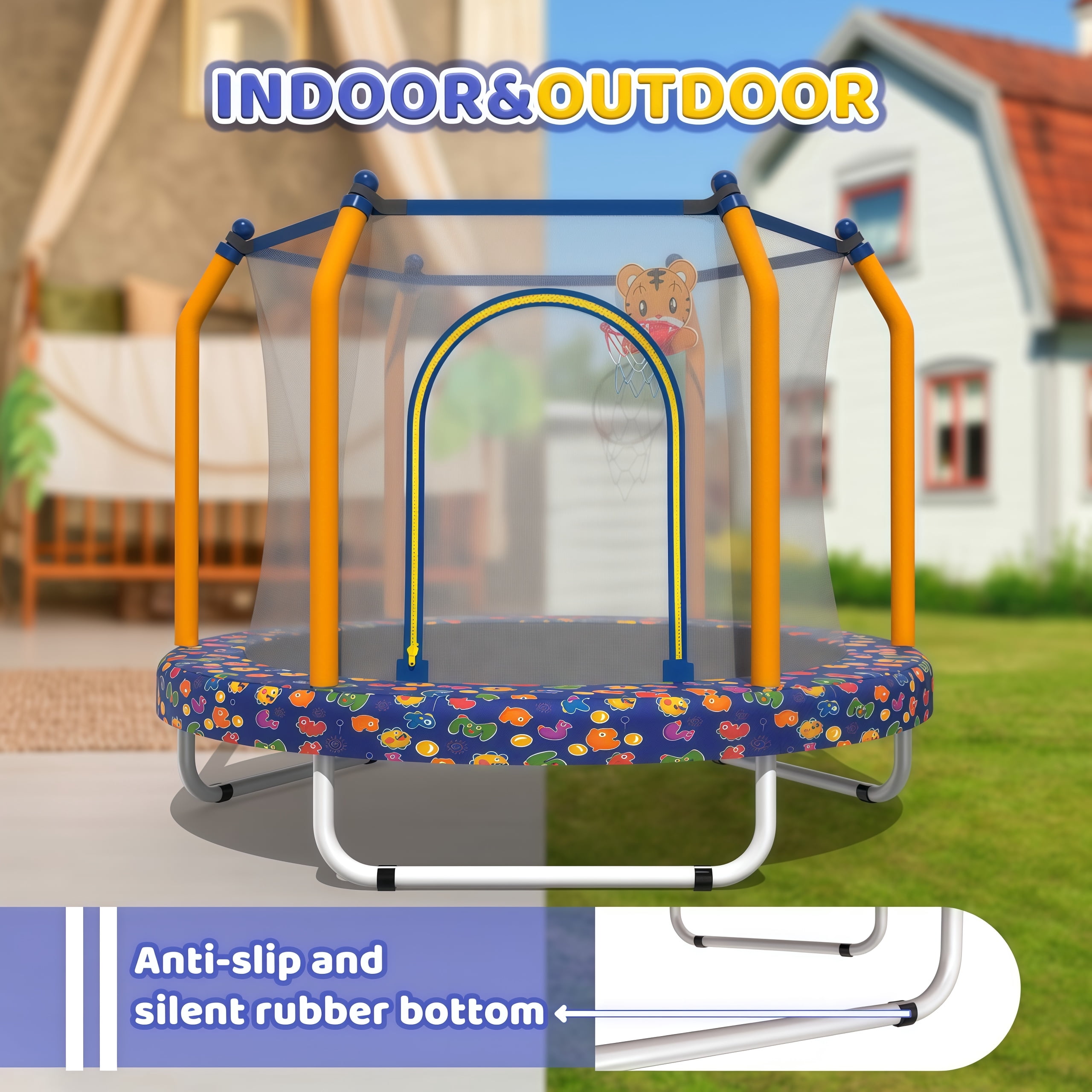 55 inch Round Kids Trampoline, Bouncing Trampoline with Safety Enclosure Net, Basketball Hoop, Capacity for Indoor & Outdoor Small Toddler Trampoline,Blue Marine
