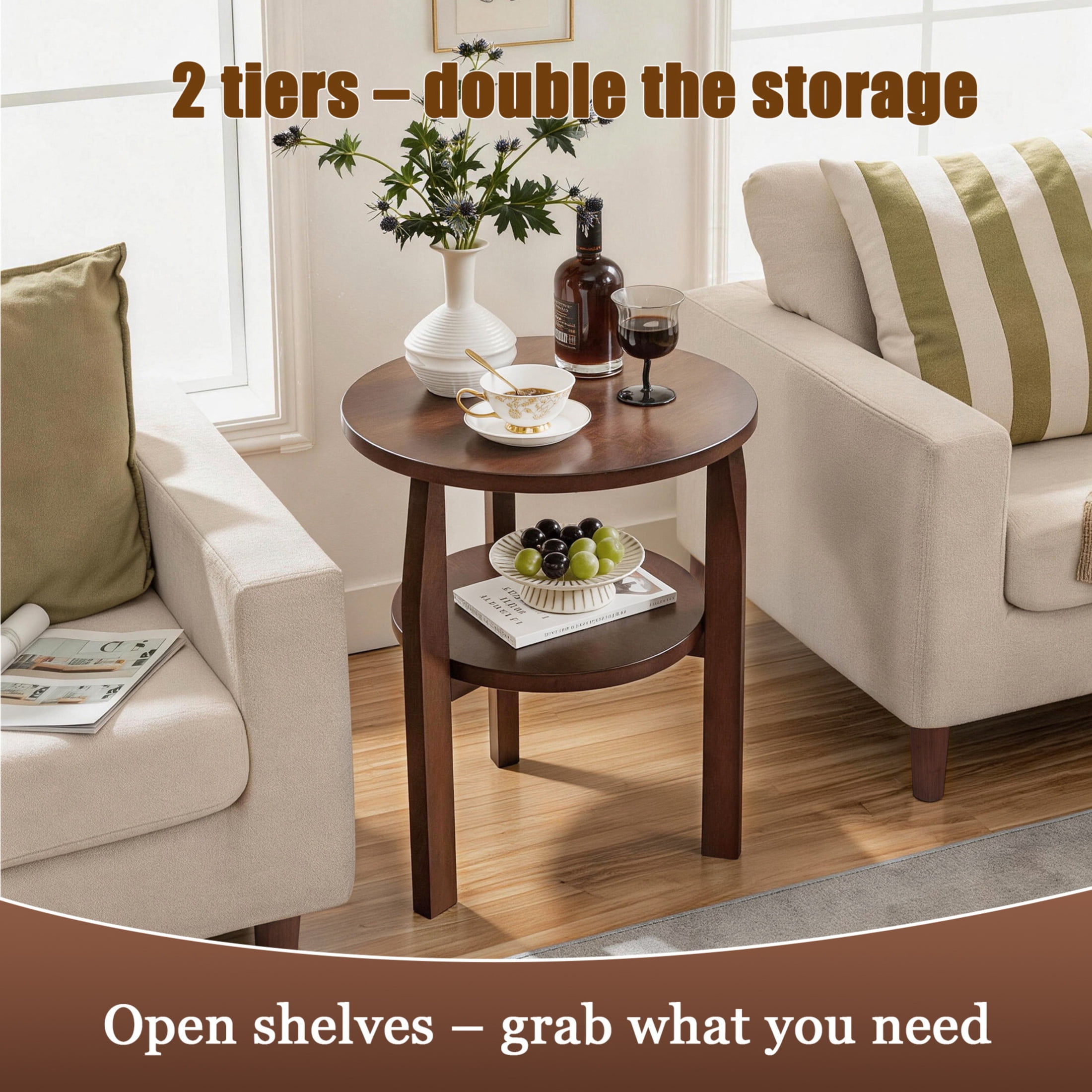 Noble House Round End Table with 2-Tier Storage Shelf, Side Table for Living Room or Bedroom, Walnut