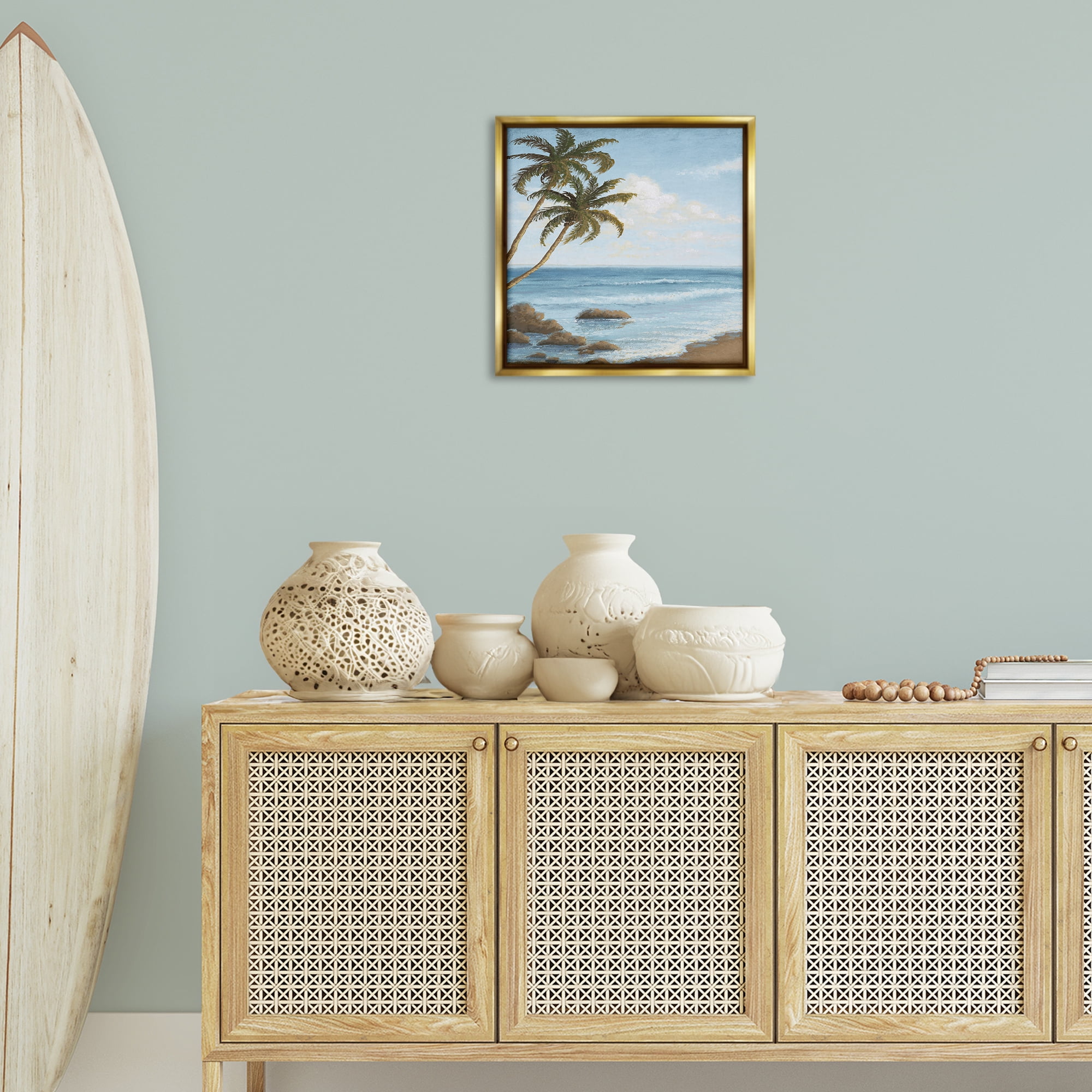 Stupell Industries Palm Trees Looming Beach Coastal Painting Gold Floater Framed Canvas Art Print Wall Art, 18 x 18