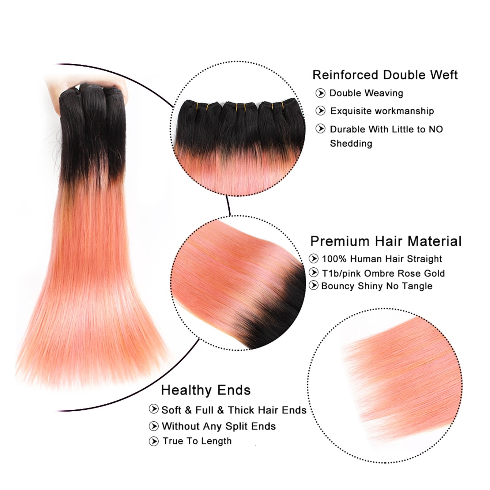 Straight Bundles with 4x4 Lace Closure Hot Pink Rose Golden Luxury Pre-Colored Remy Human Hair Extensions Hair