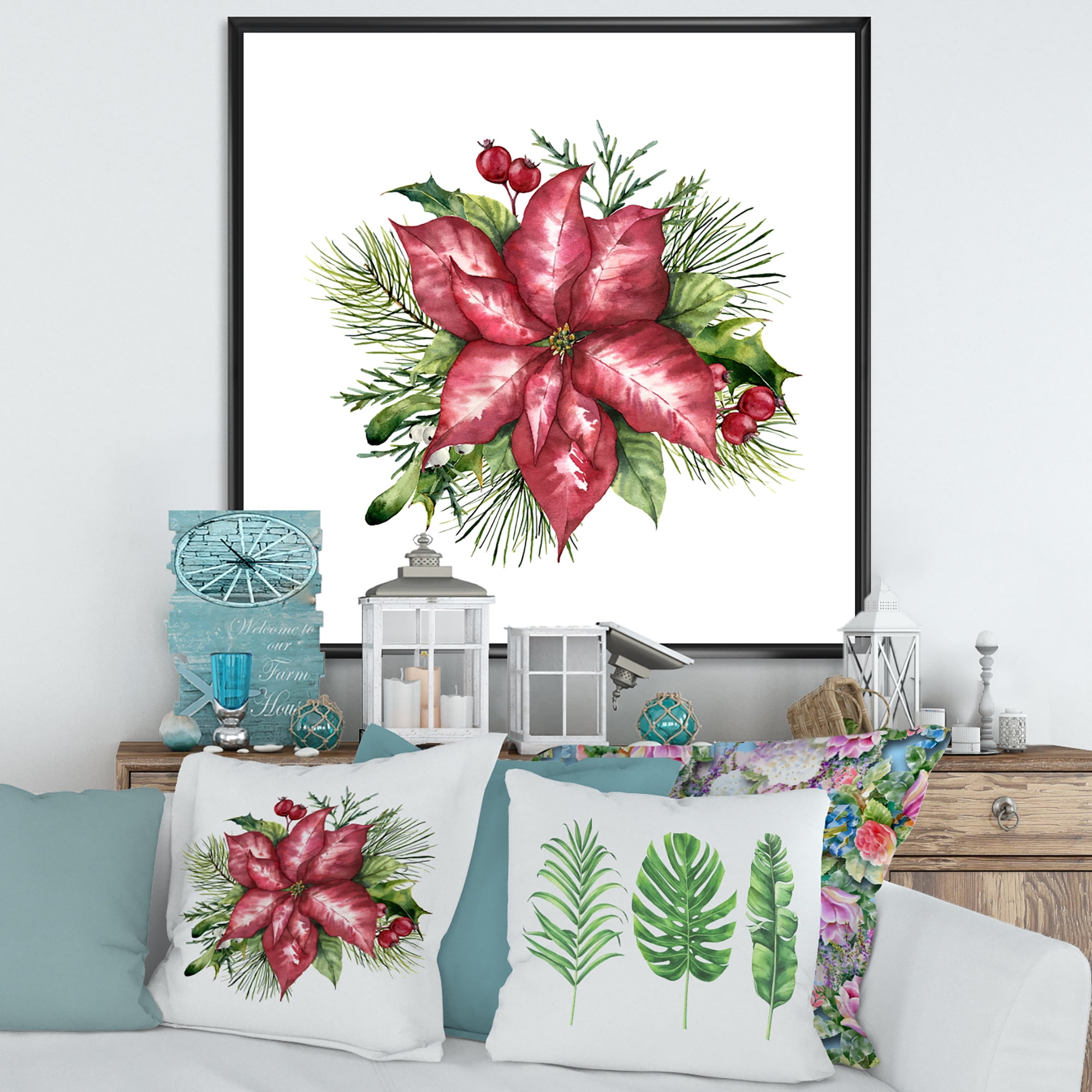 Designart 'Christmas Fir Branch and Holly Mistletoe Berries III' Traditional Framed Canvas Wall Art Print