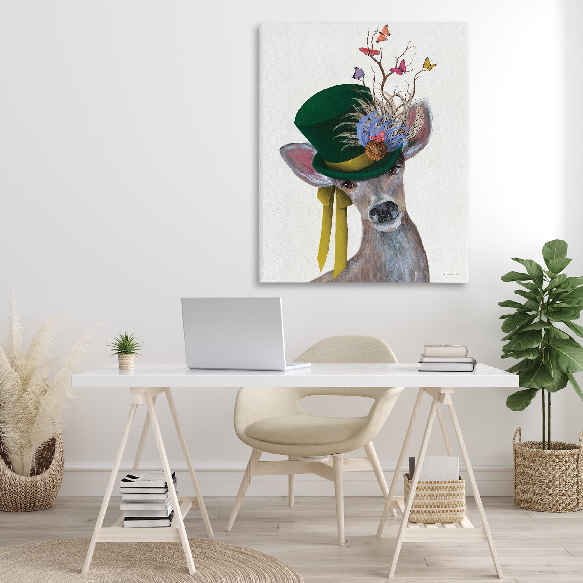 Stupell Industries Deer with Butterfly Hat Animals & Insects Painting Gallery Wrapped Canvas Art Print Wall Art, 36 x 48