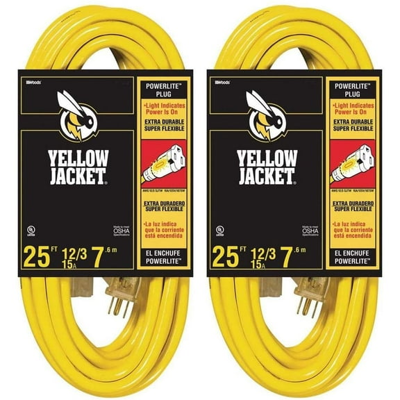 2-Pack - Yellow Jacket 12/3 Heavy-Duty 15-Amp SJTW Contractor Extension Cord with Lighted Ends, 25-Feet