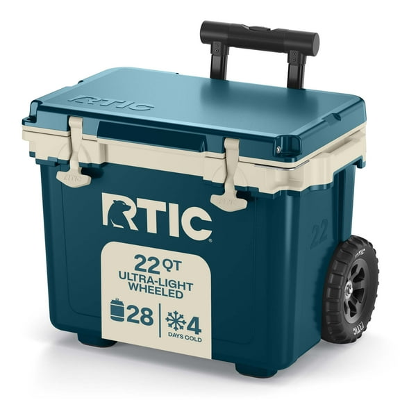 RTIC 22 QT Ultra-Light Wheeled Hard-Sided Ice Chest Cooler, Fits 28 Cans, 6 Wine Bottles, Marine & Canvas, 22 QT Ultra-Light Wheeled Cooler