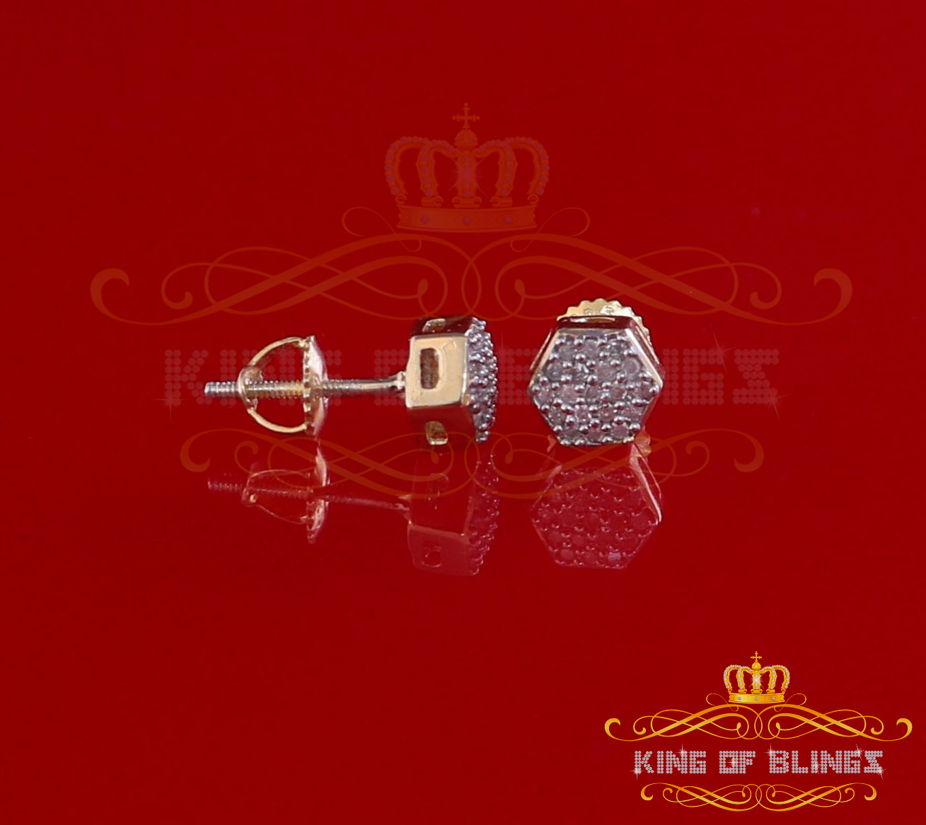 King of Bling's 0.15ct Diamond Stud Hexagon Earrings Yellow 925 Sterling Silver For Men/ Women