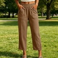 thumbnail image 6 of Capri Pants for Women Straight Leg Elastic Waist Comfy Cotton Blend Lounge with Pockets Khaki Loose Cropped Size L, 6 of 7