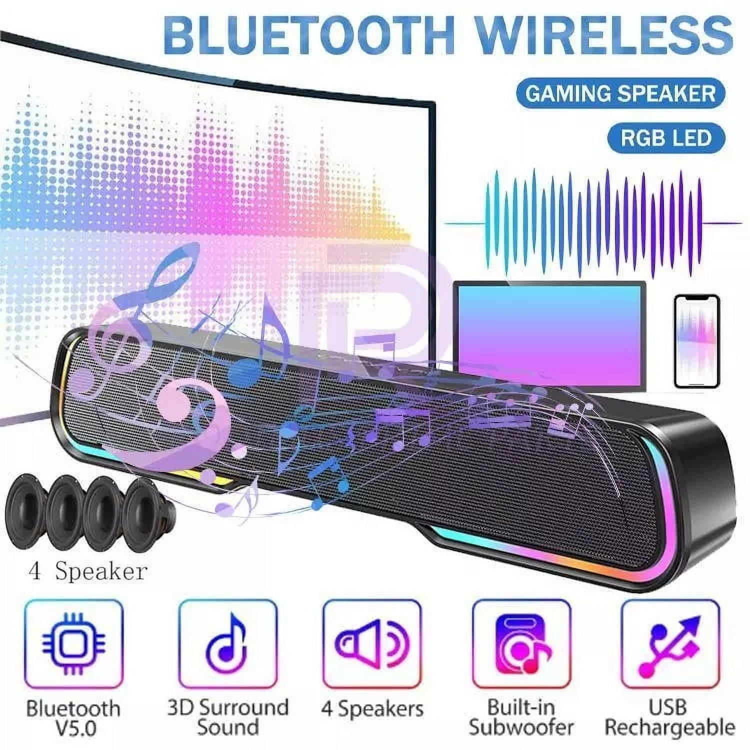 MYJTOPUS LED Soundbar Speaker Sound Bar, Mini Subwoofer Soundbar with Bluetooth Wireless for TV, Computer, Black