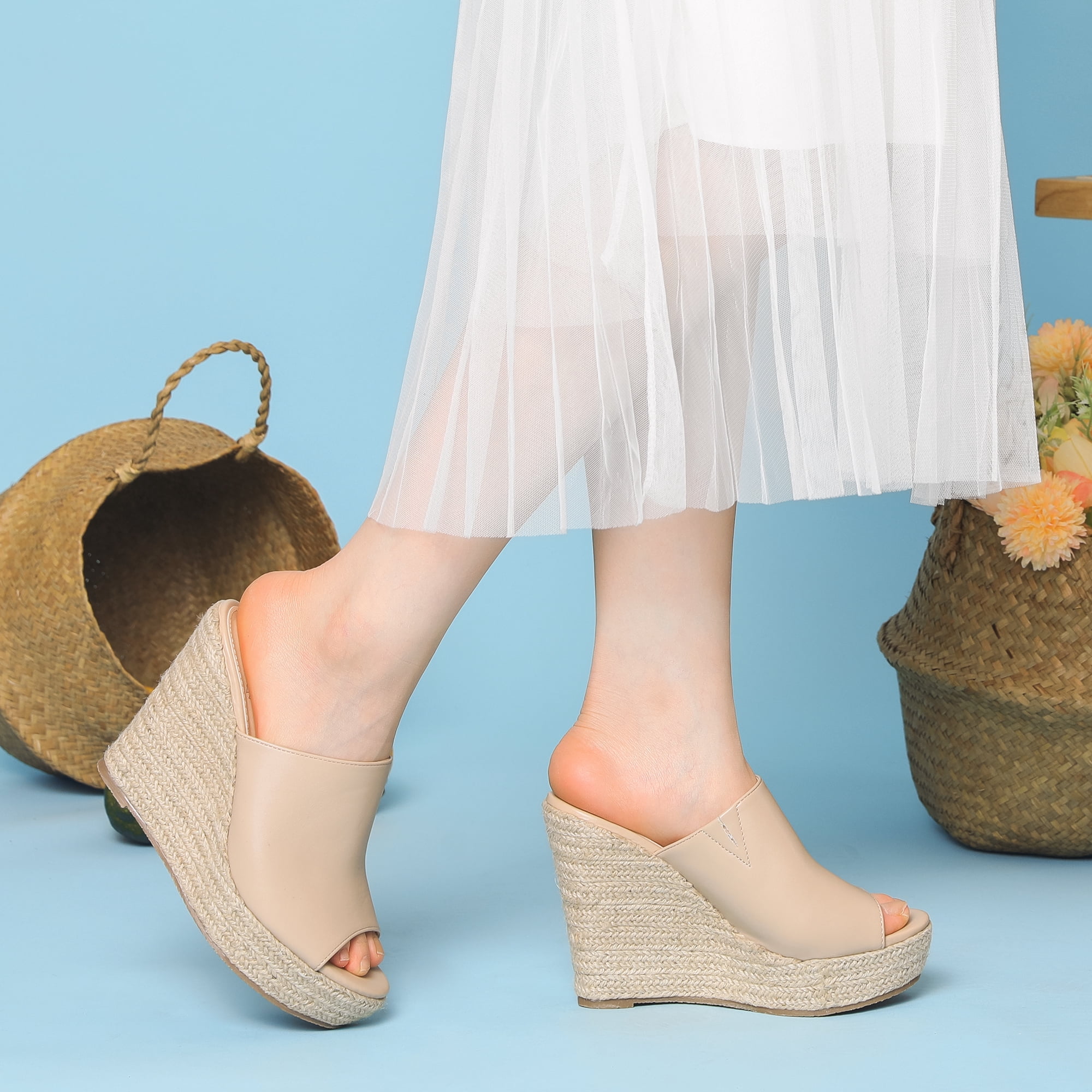 DARING DIVA Women's Open Toe Espadrille Wedge Heel Platform Slide Sandal Beige 8.5