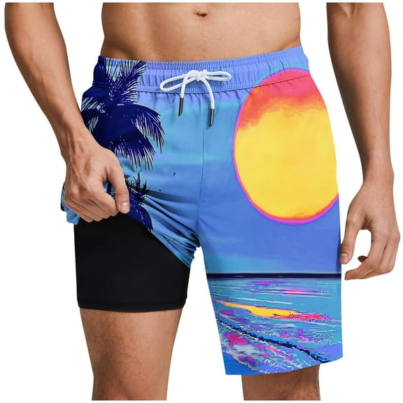 Hvot&aat Mens 2 in 1 Quick Dry Bathing Suits Drawstring Elastic Waist Beach Shorts with Lining Fashion Beach Print Pants