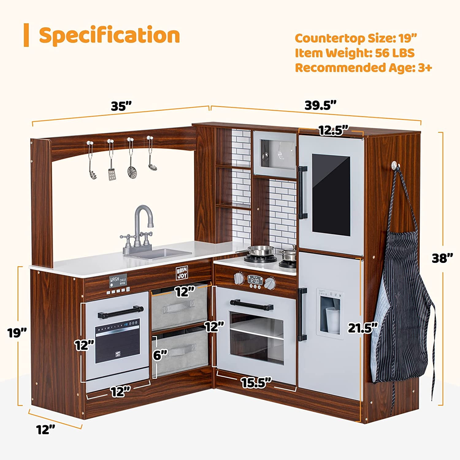 Brinjoy Kitchen Playset for Kids, Wooden Toddler Kitchen Set w/Curtains, Coffee Maker, Storage Shelf, Stove,Sink, Utensils, Light & Sound, Kids