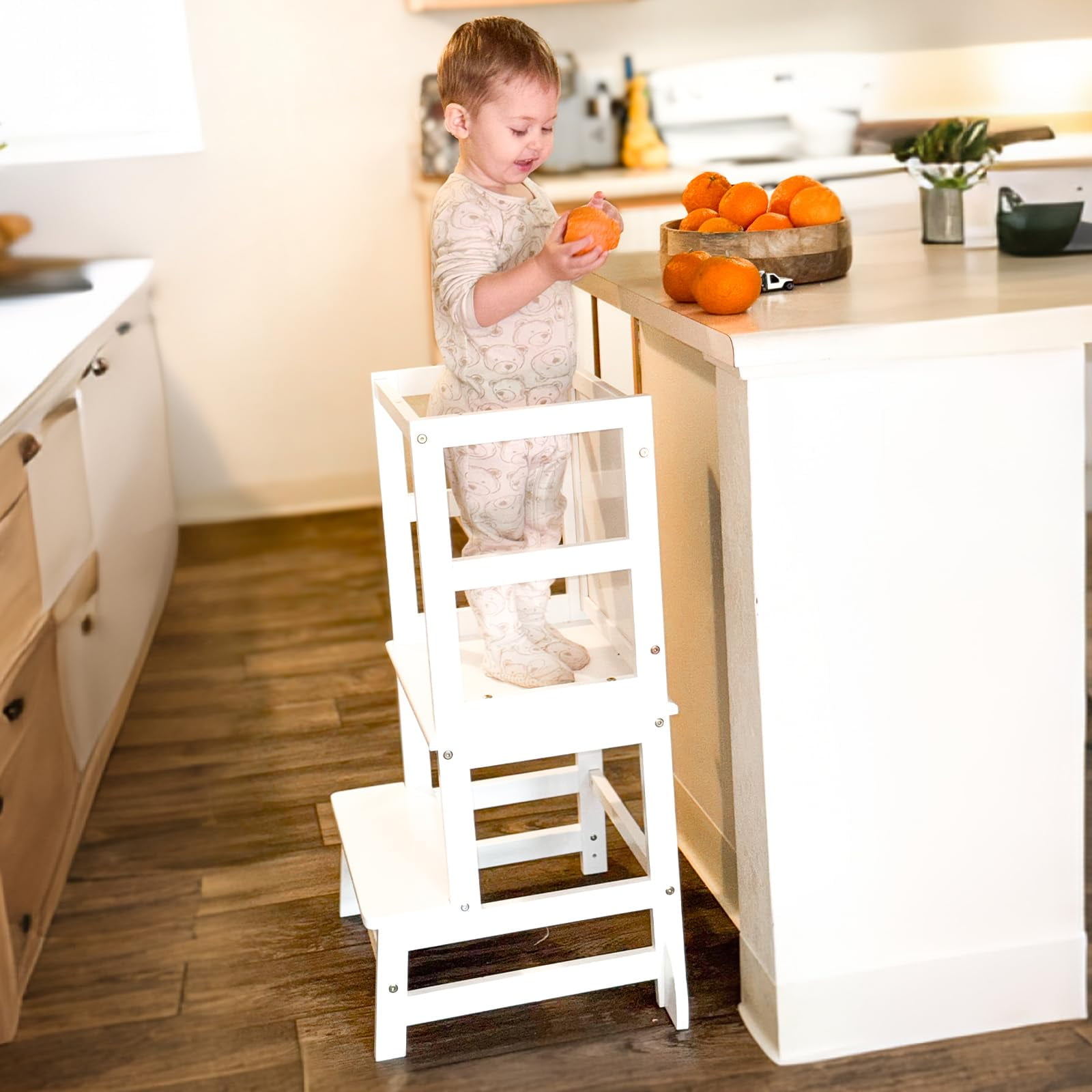G TALECO GEAR Toddler Kitchen Stool Helper, Step Stool for Kids with Chalkboard Safety Rail for Toddlers 18 Months and Older (White)
