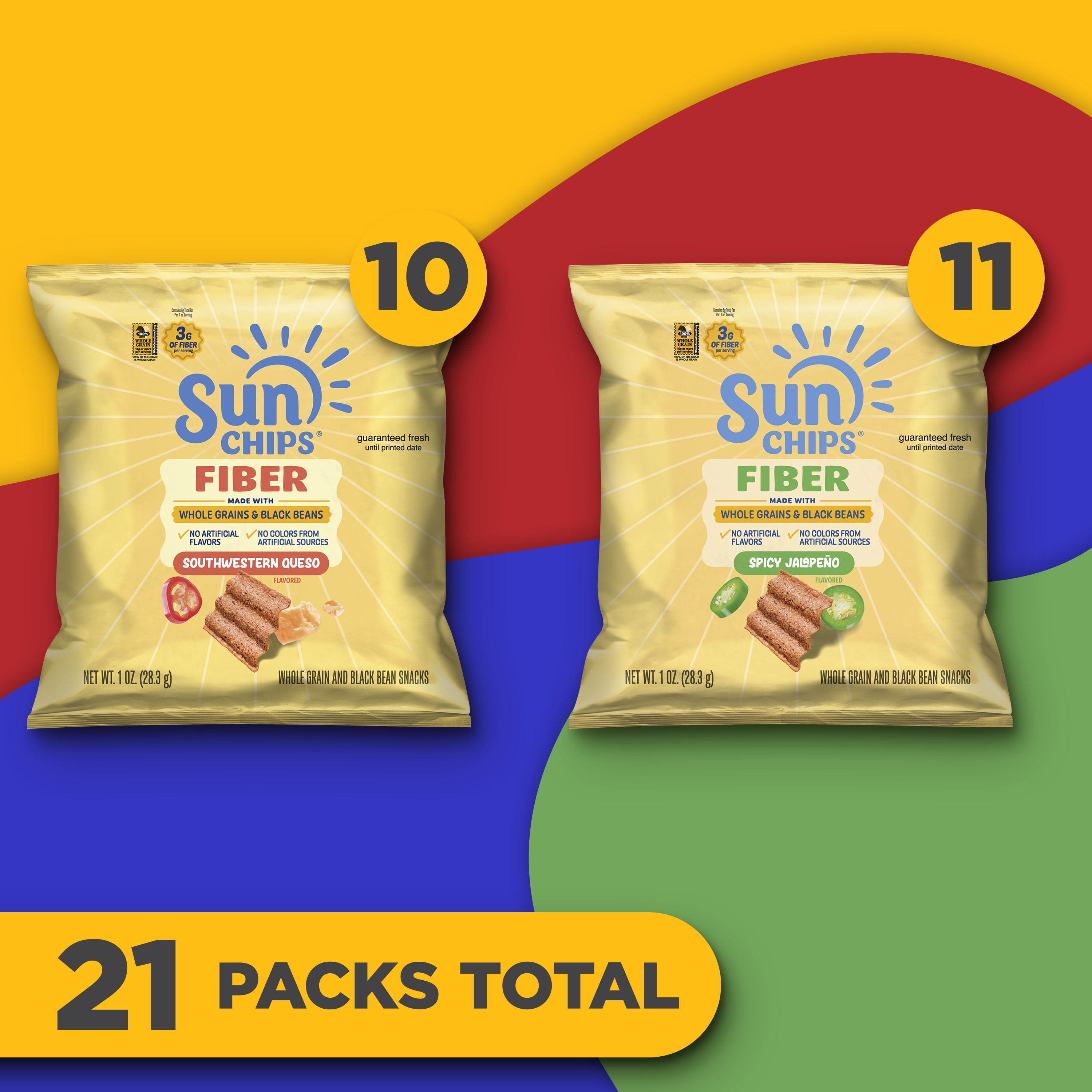 SunChips Whole Grains and Black Bean Fiber Snacks Variety pack, Spicy Jalapeno and Southwestern Queso (21 count)