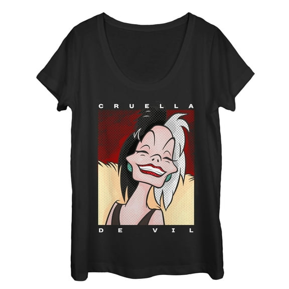 Women's One Hundred and One Dalmatians Cruella Portrait  Scoop Neck Black 2X Large