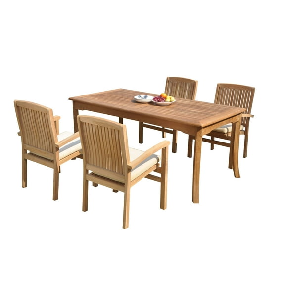 Grade-A Teak Dining Set: 4 Seater 5 Pc: 60" Rectangle Table And 4 Wave Stacking Arm Chairs Outdoor Patio WholesaleTeak #51WV1305