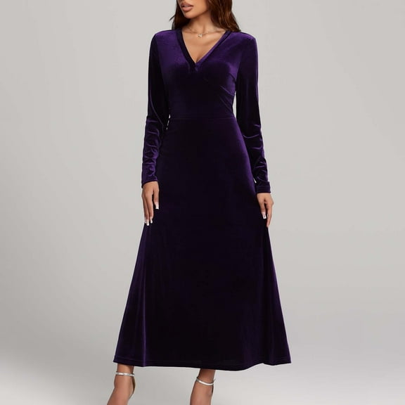 BVOFAR Women's V Neck Maxi Dress Elegant Velvet Dresses Solid Color Long Sleeve Dress Cocktail Party Long Dress High Waist Formal Dresses
