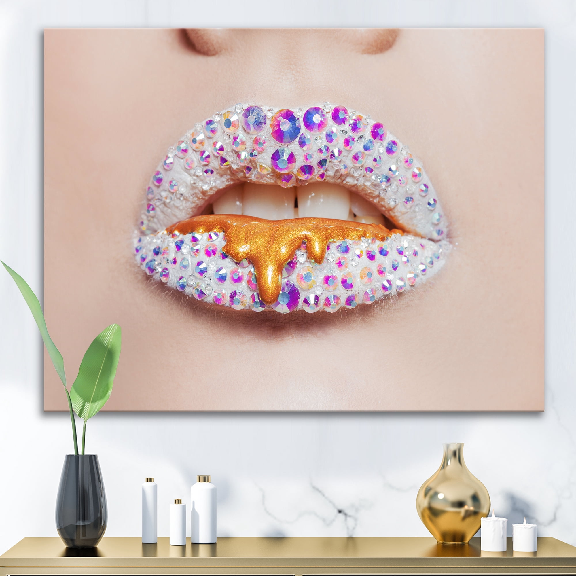 Designart ' Shining Woman Lips Covered With Rhinestones and Smudges ' Modern Canvas Wall Art Print