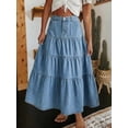 thumbnail image 4 of Light Blue High-Waisted Tiered Denim Maxi Skirt With Pockets, A-Line Boho Swing Jean Skirt For Women, 4 of 4