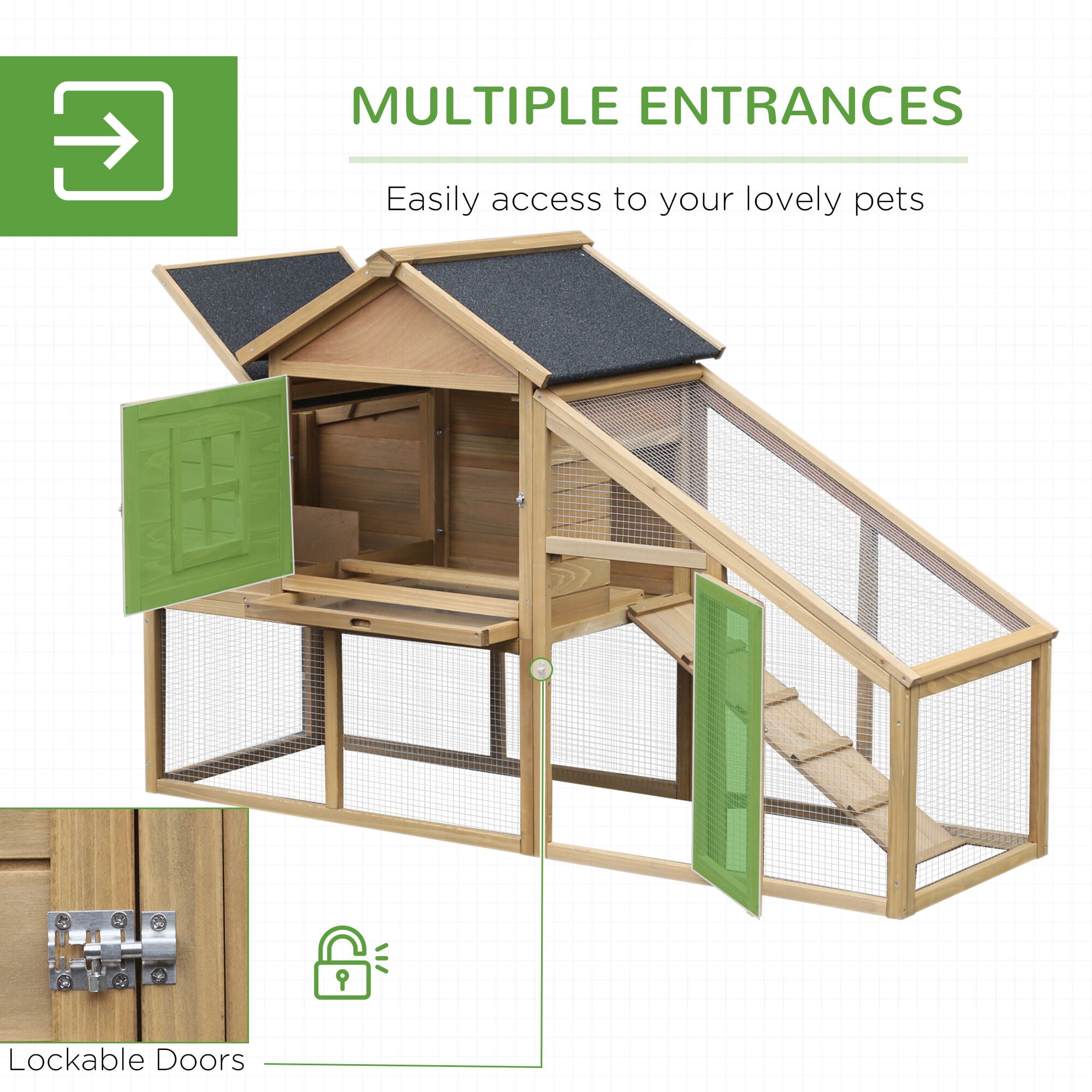 Dog Crate, PawHut 69" Wooden Chicken Coop, Poultry Cage Hen House with Connecting Ramp, Removable Tray, Ventilated Window and Nesting Box, Natural, Natural Pet Playpen,Wood Chicken Coop