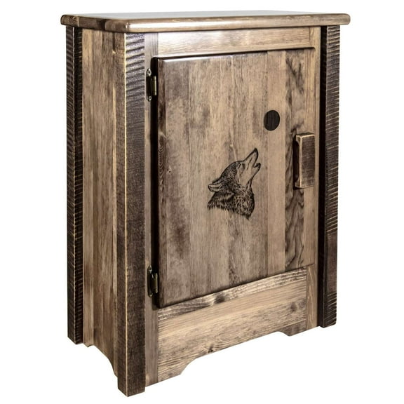 Homestead Collection Accent Cabinet w/ Laser Engraved Wolf Design, Left Hinged, Stain & Clear Lacquer Finish