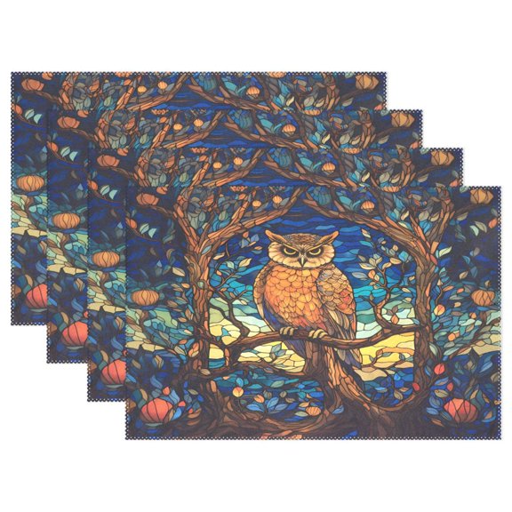Ryvnso Placemats Set of 4 Owl on Branch Dining Mats Heat-Resistant Non-Slip Washable Table Mat