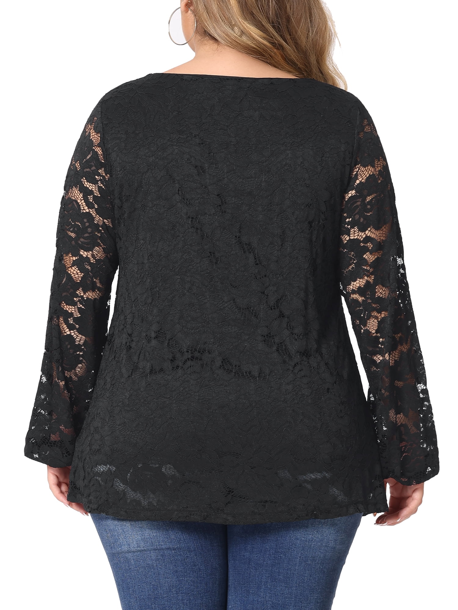 Women's Plus Lace Blouse Cross V Neck Sheer Double Layers Long Sleeve Shirt Tops 2X Black