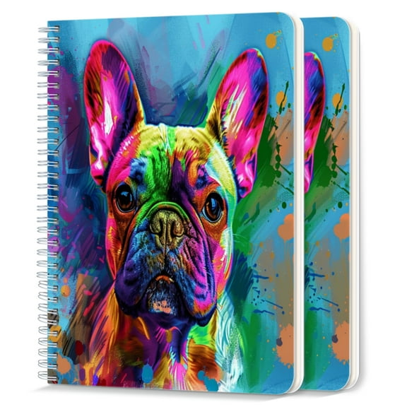 Spiral Notebook,College Ruled Journal,8.26" x 5.71" 50 Sheets/100 Pages,2 Pack - Colorful Bulldog in The Style of Digital Art