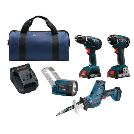 Bosch CLPK495A-181 18V 4-Tool Combo Kit with 1/2 In. Drill/Driver, 1/4 In. Hex Impact Driver, Compact Reciprocating Saw and