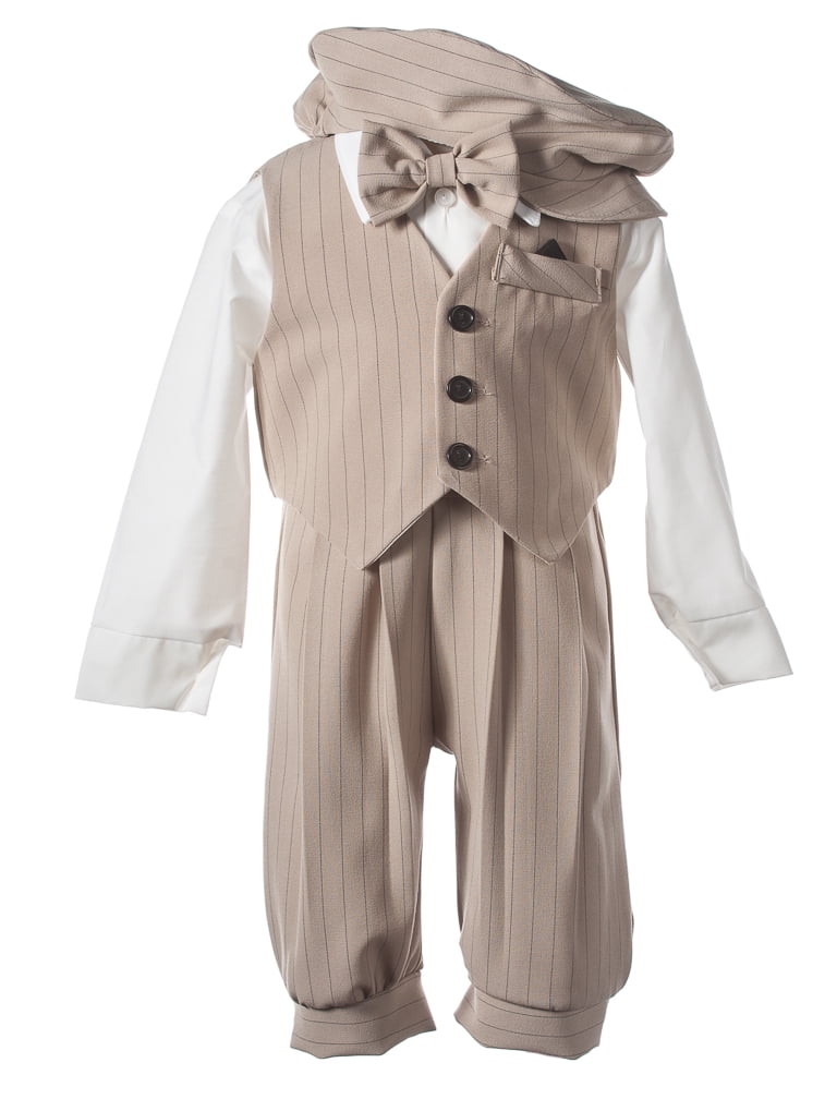 Tuxgear Boys Tan Pinstriped Knicker Set with Suspenders and Pageboy Hat 