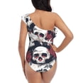 thumbnail image 5 of Uemuo Gothic Skulls And Roses Print Women's One Piece Swimsuit Asymmetrical Neck Bathing Suit One Shoulder Side Cutout Ruffle Swimwear-X-Large, 5 of 6