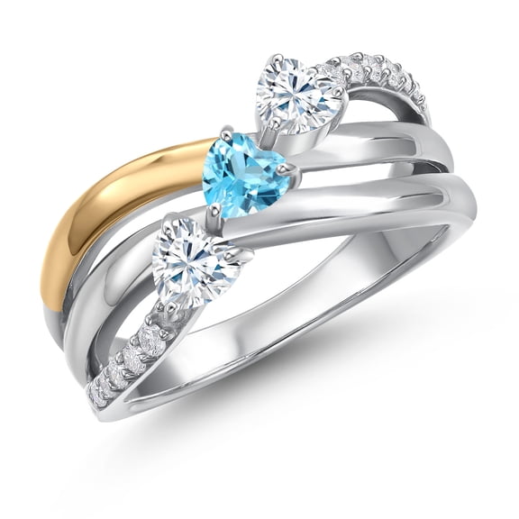 Gem Stone King 925 Silver and 10K Yellow Gold White Moissanite and Swiss Blue Topaz and Lab Grown Diamond Engagement Ring for Women | 0.88 Cttw | Heart Shape Gemstone Birthstone | Size 8